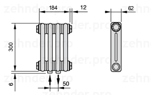 Схема (чертеж) Радиатор Zehnder Charleston 2030/4 №3470 Белый глянцевый RAL 9016